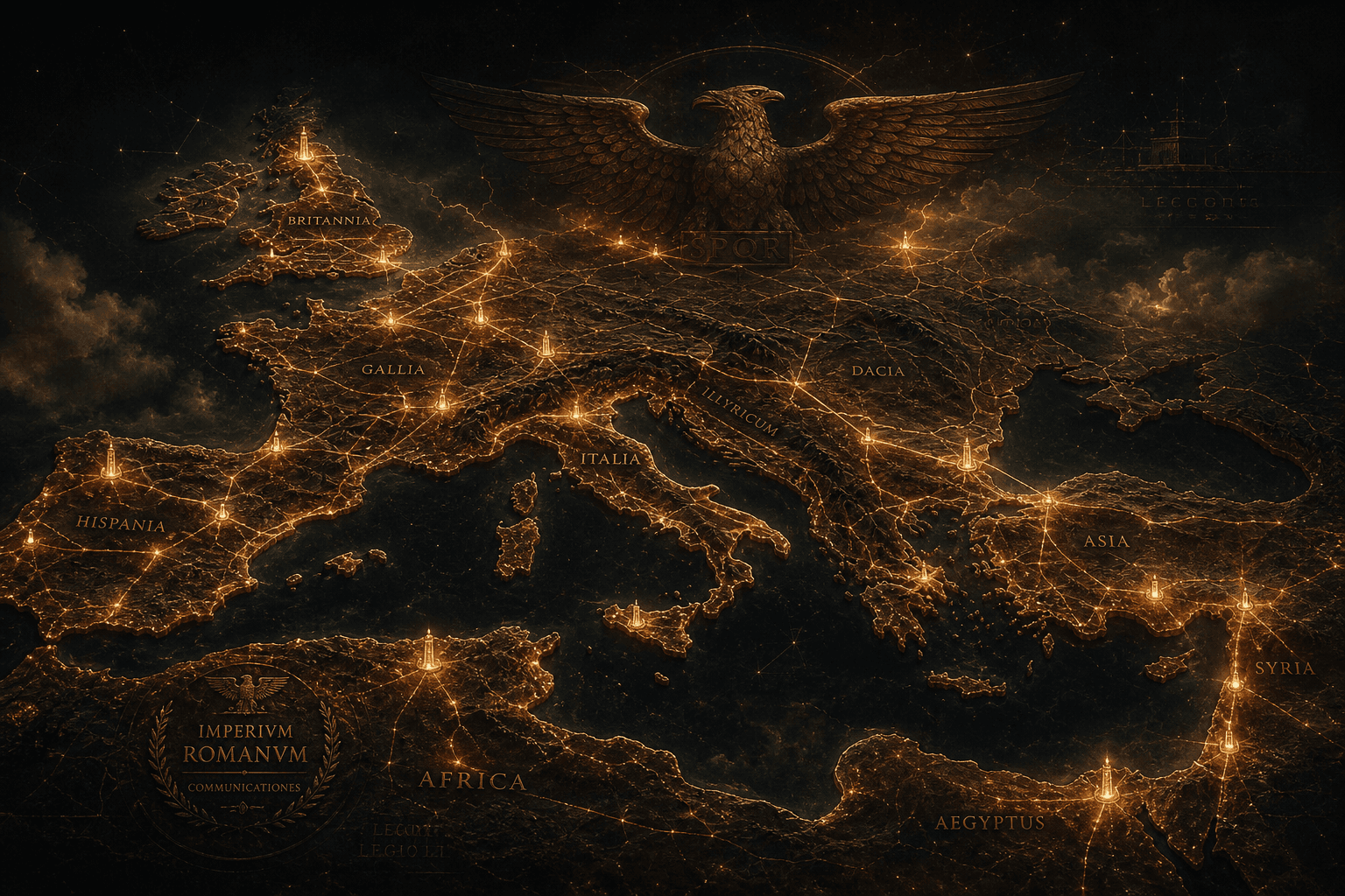 Night map of the Roman Empire laced with glowing copper telegraph wires