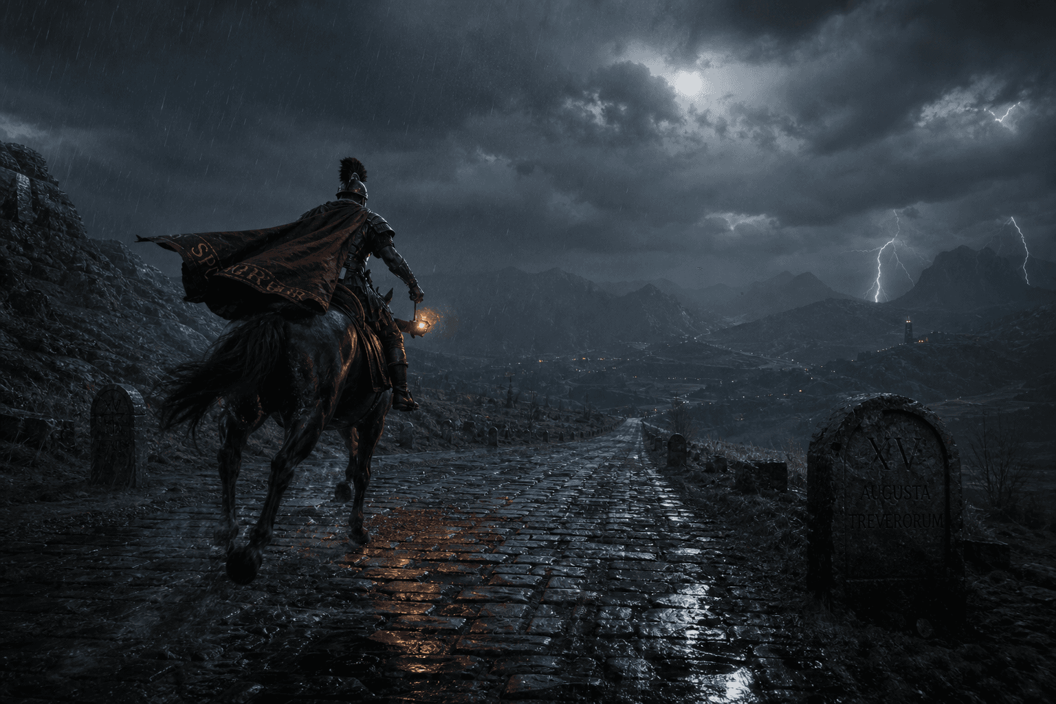 A lone Roman messenger galloping through a storm at night