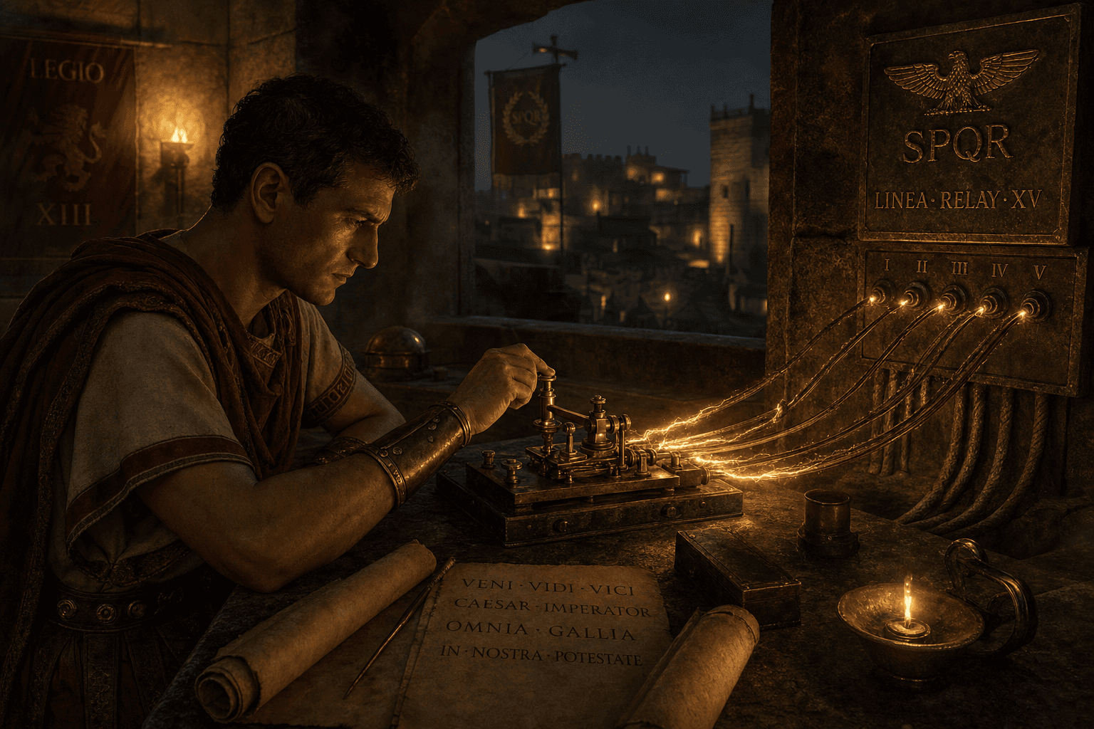 A Roman operator working a brass telegraph key as glowing copper wires enter the relay station