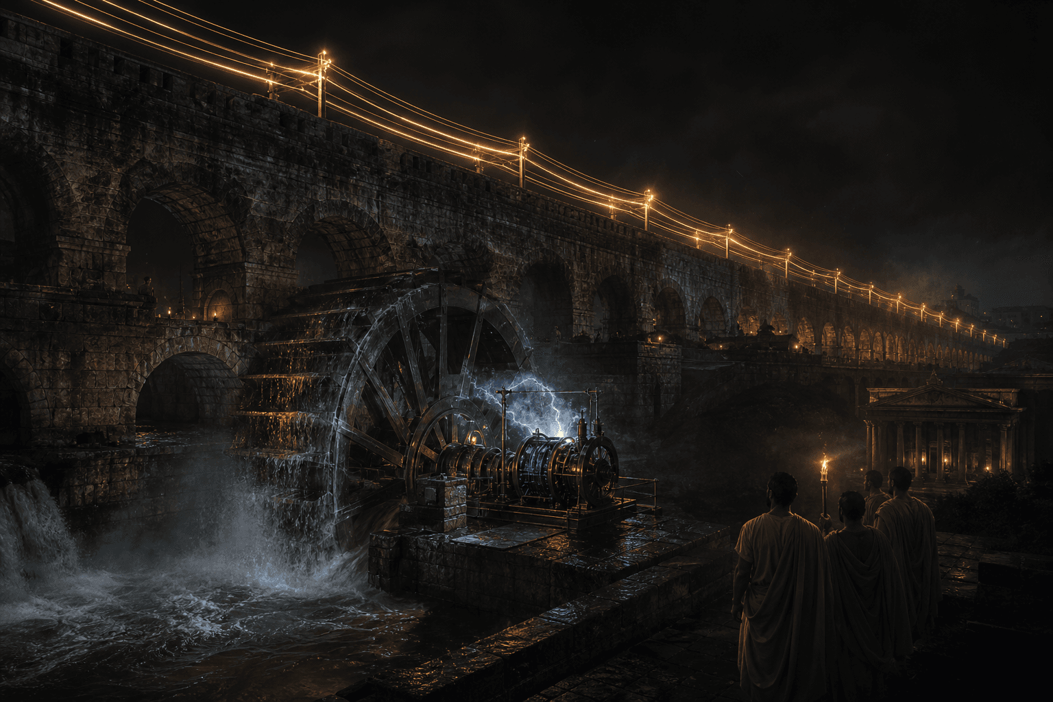 A waterwheel generator beneath a Roman aqueduct, sparking with electricity as copper wires run overhead
